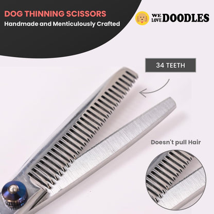 Dog Grooming Scissors Kit with Rounded Blunt Tips - Straight, Curved & Thinning Shears - Best Tools for Goldendoodles, Poodles & Doodles - Professional Grade Steel, 4 Pc Set [We Love Doodles]