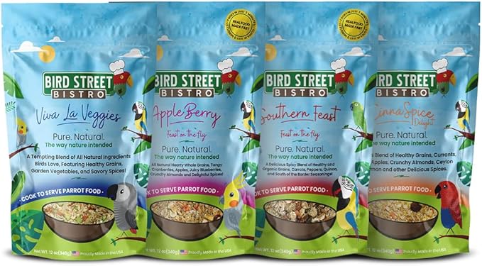 Bird Street Bistro Parrot Food - Parakeet & Cockatiel Food - Cooks in 3-15 min with Natural & Organic Grains, Legumes, Non-GMO Fruits, Vegetables & Health Spices