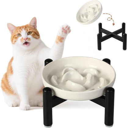 Elevated Slow Feeder Cat Bowl - Ceramic Cat Food Dish with Anti-Slip Stainless Steel Stand - Raised Maze Plate for Slow Eating - Ivory White