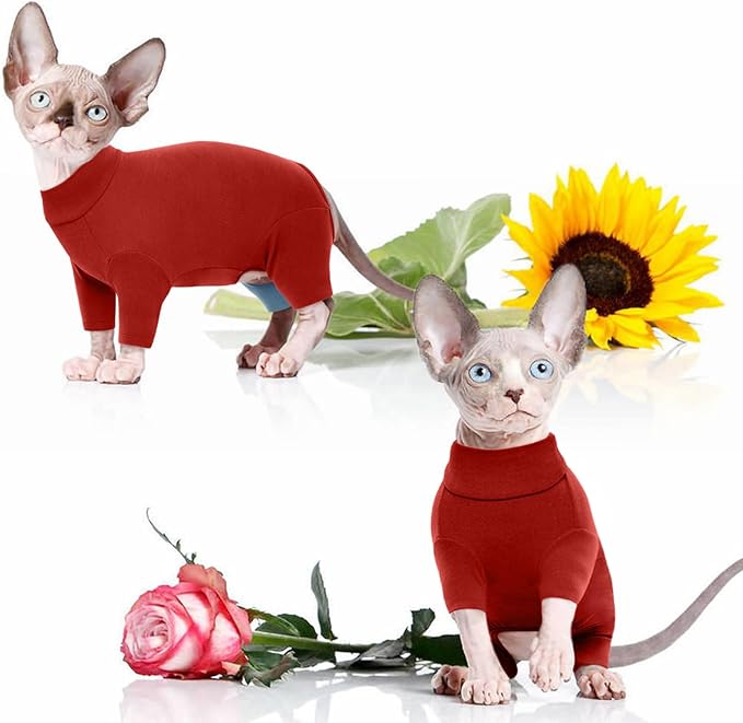 ROZKITCH Sphynx Cat Pajamas Christmas, Breathable Soft Cat Jumpers for Cats Only, Coat with Four Legs, Warm Sweater T-Shirt Pajamas Jumpsuit Vest Cornish Rex Devon Rex Peterbald Red XS