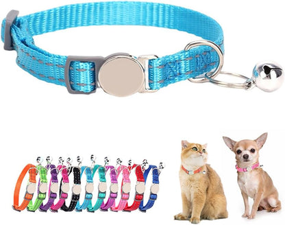 Light Blue Cat Collar with Bell, Reflective Soft Nylon Breakaway Snap Kitten Collar with Bells, Tiny Pet Collars for Xs Small Dogs, Neck 7-11 Inch