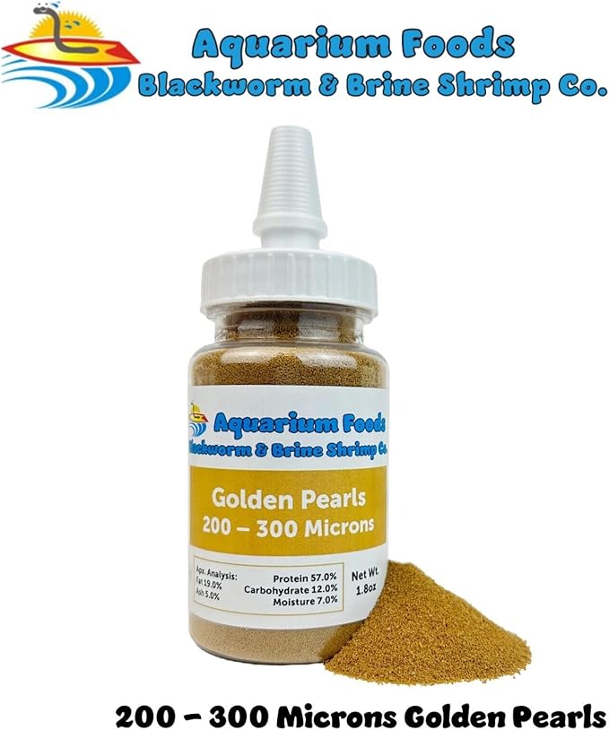 Aquatic Foods Inc. Golden Pearls 200-300 Microns for Tropical Fish Fry, Babies, Guppies, Tetras, Bettas, Nano Fish, for Corals, Anemones, Reef Tanks…1.8oz Squeeze Bottle