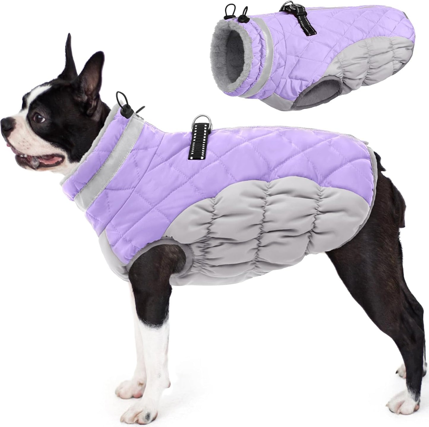 AOFITEE Dog Coat, Warm Dog Jacket, Reflective Winter Coats for Medium Dogs, Turtleneck Dogs Winter Jacket with Harness Built in, Waterproof Windproof Pet Fleece Vest Puffer Jacket, Lilac M