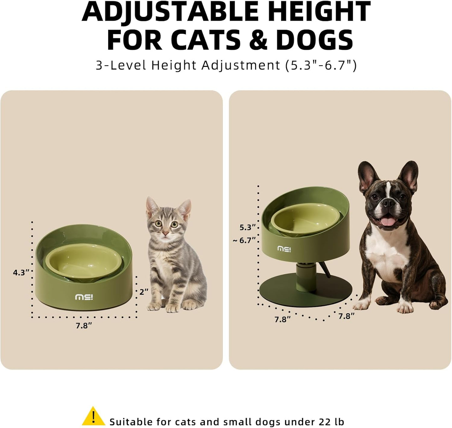 MS!MAKE SURE Adjustable Raised Cat Bowls, Ceramic Elevated Cat Bowls, Pet Bowl with Anti - Slip Rubber Pad, Leak - Proof, Lead & Cadmium Free, Whisker - Friendly, for All Life Stages of Age Green