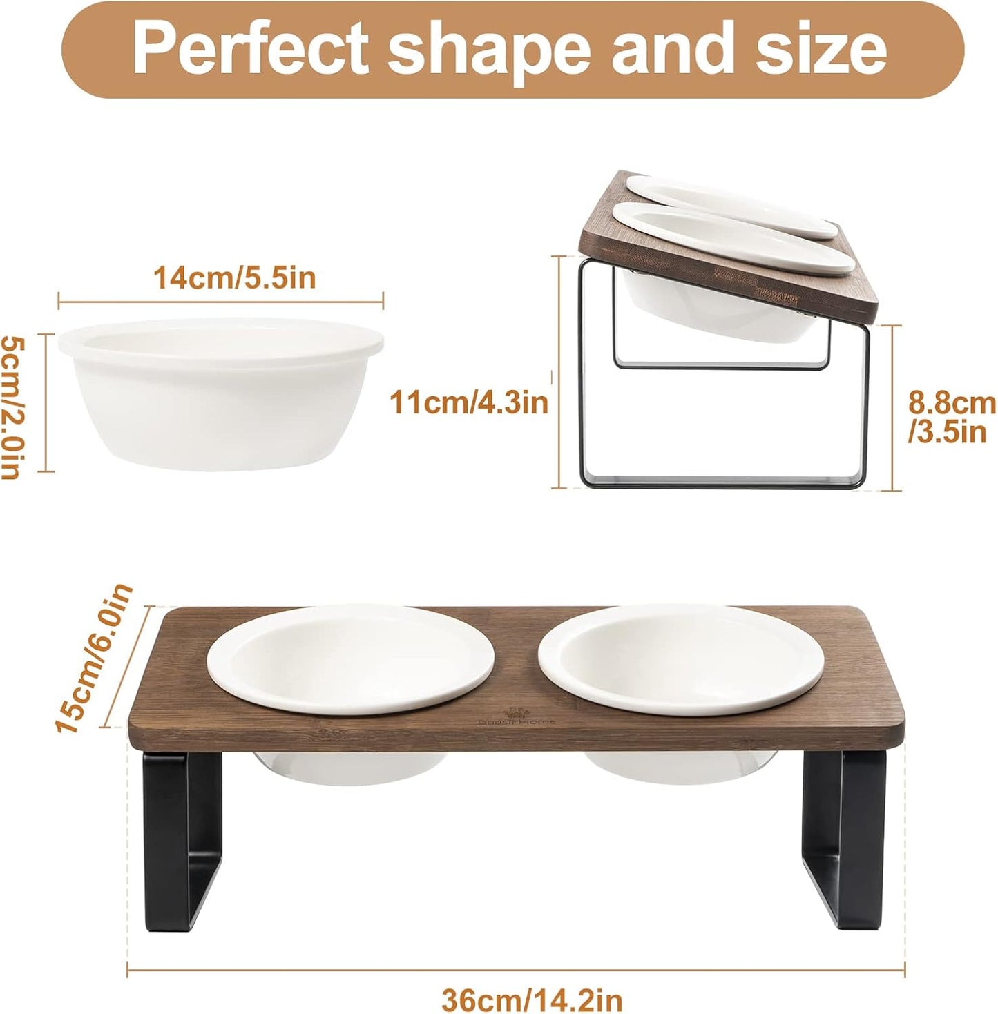 Sunhoo Ceramic Elevated Cat Bowls Raised Puppy Dishes for Food and Water Tilted Wooden Stand for Indoor Cats 5.5 inch Wide Double Dish Orthopedic Reduces Vomiting (Brown)