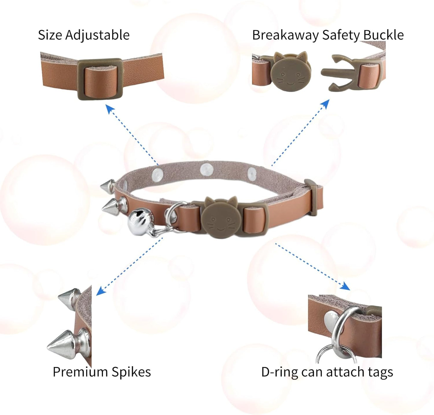 Spiked Cat Collar with Bells, Breakaway Genuine Leather Protective Collar for Kitty, Studs Spikes Punk Style Adjustable for Girl Boy Kittens Small Bunny Rabbit, 10"-12" Brown