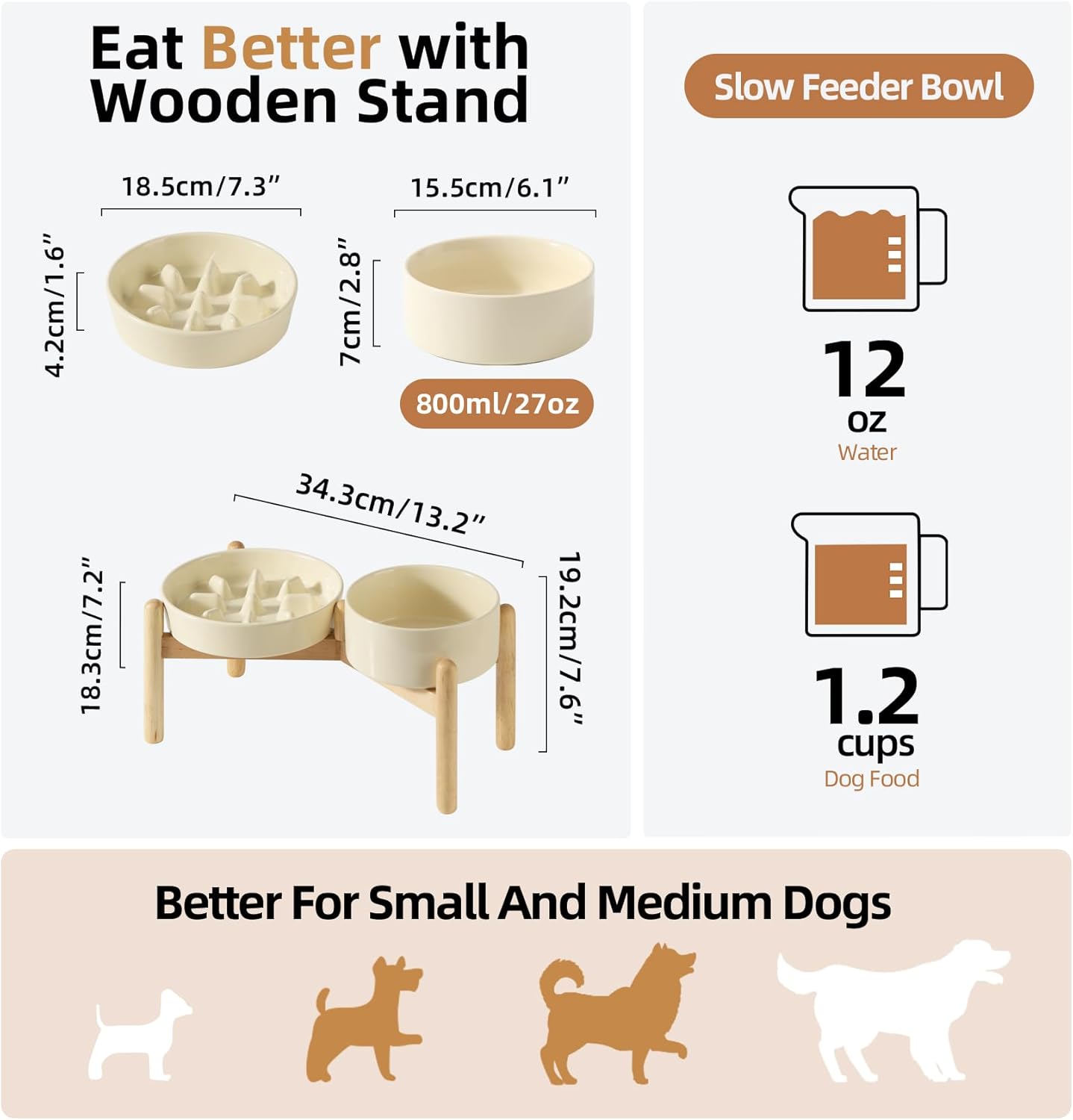 Ceramic 1.2 Cup Raised Slow Feeder Dog Bowl Set, Elevated 6.1inch Bowl and 7.3inch Slow Pet Food Dish with Wooden Stand for Small and Medium Dog (2 x Beige+ Stand)