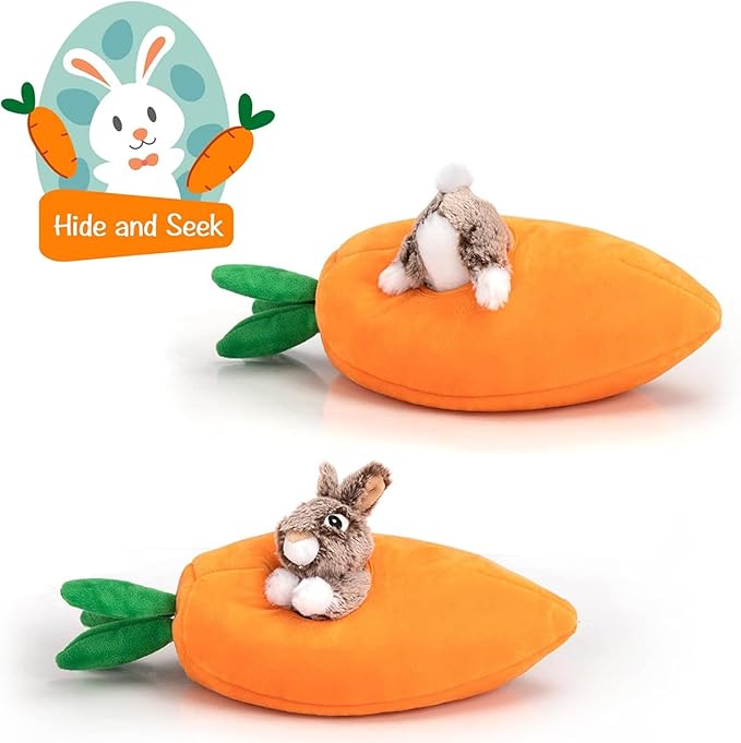 Hollypet Hide and Seek Squeaky Dog Toy, Designed Interactive Puzzle Plush Stuffed Puppy Toy, Rabbit and Carrot