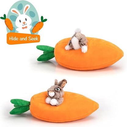 Hollypet Hide and Seek Squeaky Dog Toy, Designed Interactive Puzzle Plush Stuffed Puppy Toy, Rabbit and Carrot