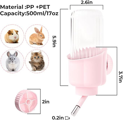 Pet Water Bottle for Cage Crate - 17oz No Drip BPA Free Water Dispenser for Small Animal Rabbit Guinea Pig Chinchilla Ferret Squirrel Hedgehog - Pink