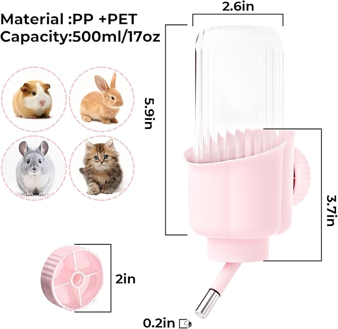 Pet Water Bottle for Cage Crate - 17oz No Drip BPA Free Water Dispenser for Small Animal Rabbit Guinea Pig Chinchilla Ferret Squirrel Hedgehog - Green