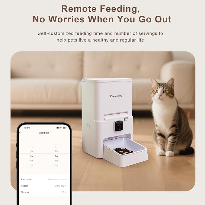 Automatic Pet Feeder, White 6L Cat Food Dispenser, Supports 5G & 2.4G, with 1080P HD Night Vision 142° Camera, APP Remote Control, Customizable Portion Sizes, Low Food & Motion Alerts