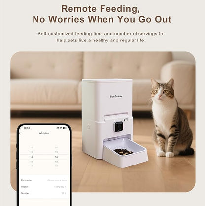 Automatic Pet Feeder, White 6L Cat Food Dispenser, Supports 5G & 2.4G, with 1080P HD Night Vision 142° Camera, APP Remote Control, Customizable Portion Sizes, Low Food & Motion Alerts