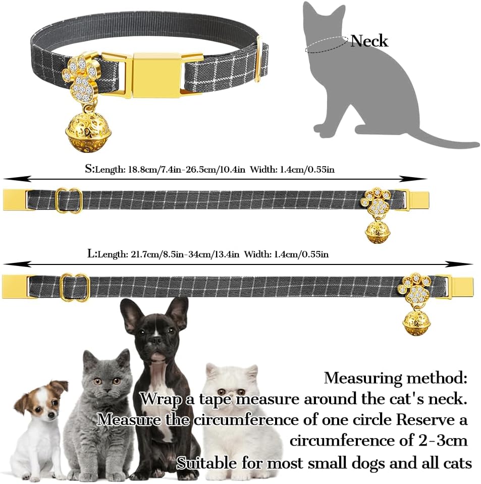 Personalized Breakaway Cat Collars - Magnetic Buckle, Bell - Safety Quick Release, Customized for Girls & Boys Cats- (Checkered-Grey)