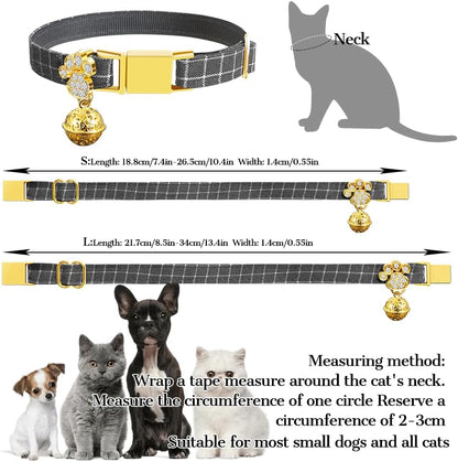 Personalized Breakaway Cat Collars - Magnetic Buckle, Bell - Safety Quick Release, Customized for Girls & Boys Cats- (Checkered-Grey)