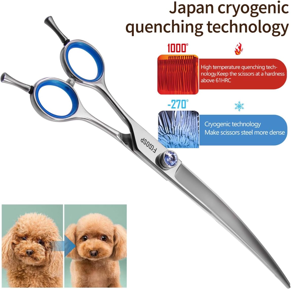 Left Handed Curved Dog Grooming Scissors 7.5 inch Professional Curved Shears Grooming for Poodle Large Dogs Pet 30 Degree Japanese 440C Super Sharp (7.5 curved)