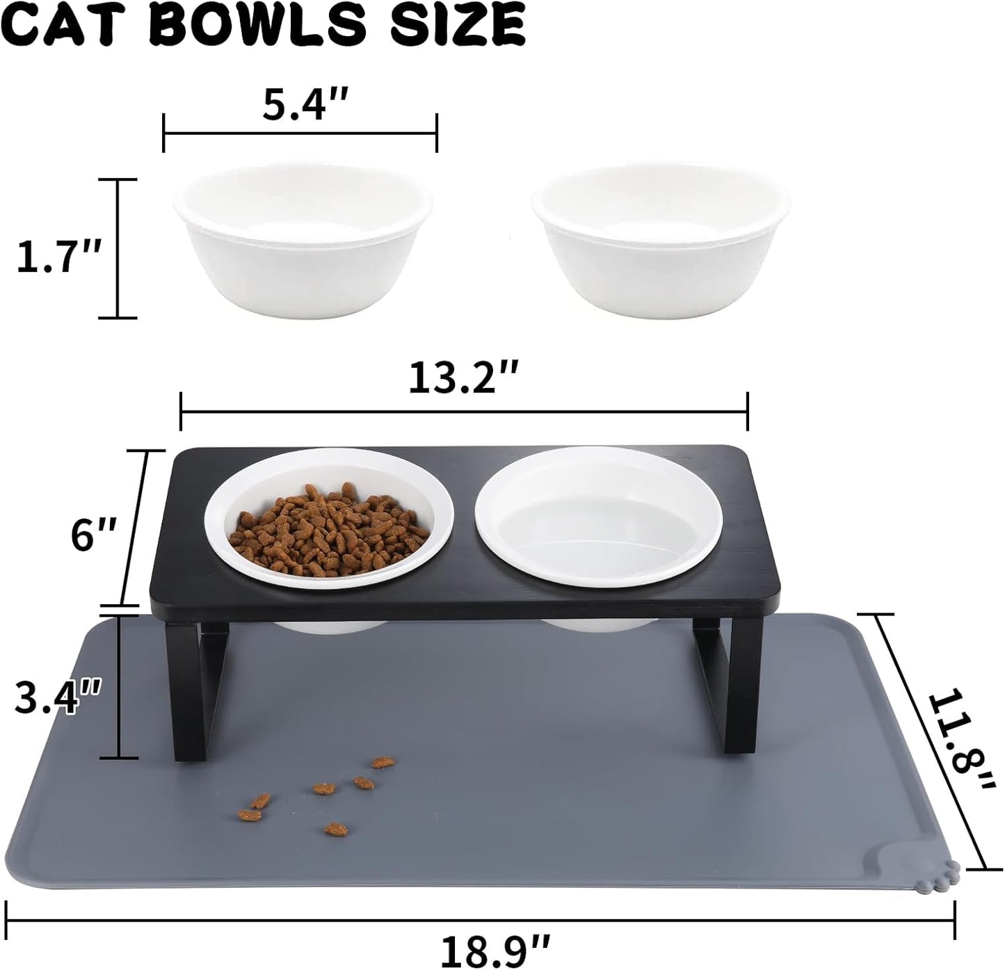 Elevated Whisker Friendly Cat Bowls, 15 Tilted Stand Anti Vomiting Raised Dishes for Food and Water,2 Ceramic Bowls for Cats and Puppy,Black