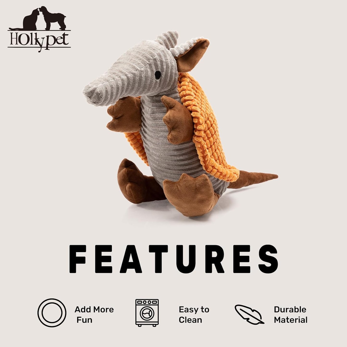 Hollypet Plush Dog Squeaky Toy Stuffed Armadillo Animal Pet Puppy Chew Toys with Clean Teeth for Small Medium Large All Breed Sizes Dogs, Orange, 14 in