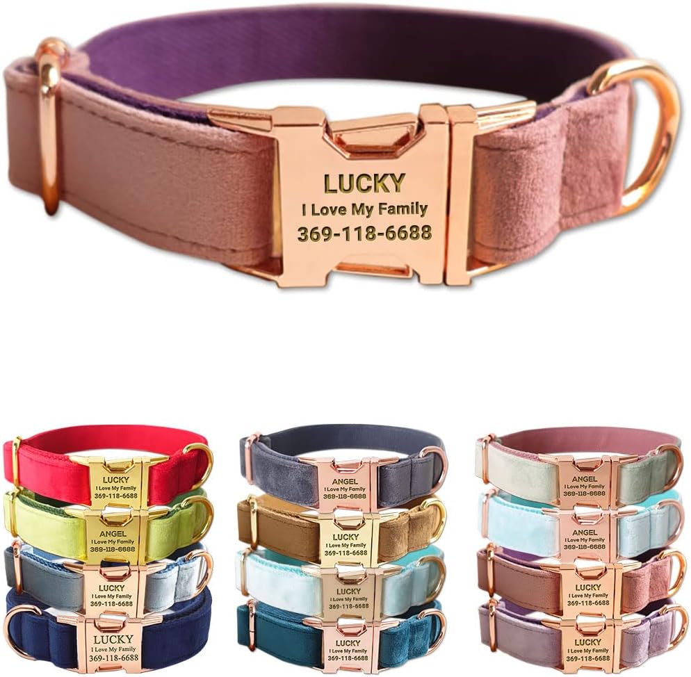 PETDURO Personalized Dog Collar Pink Purple Soft Velvet for Large Medium Small Boy Girl Dogs - Custom Collar with Name Phone Engraved on Rose Gold Metal Buckle - Add Leash Bow Set via Customize Now