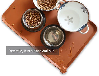 Hoki Found Large Silicone Non Slip Pet Feeding Mats - Waterproof Dog Cat Bowl Mats - Caramel