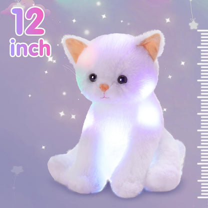 Houwsbaby Light up Cat Stuffed Animal LED Glowing Kitty Plush Toy Floppy Kitten Toy Night Lights Birthday Presents for Kids Toddler Girls, White, 12''