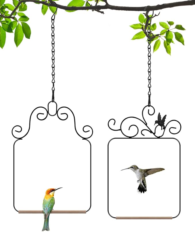 PACETAP Hummingbird Swings and Perches Metal Frame 2 Pack, Wild Bird Swing Outdoor Bird Perch with Wooden Dowel and 2 Hanging Chain for Hanging Indoor, Outdoor, Trunk, Lawn, Patio, Garden (Black)