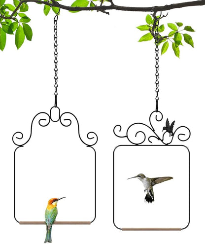 PACETAP Hummingbird Swings and Perches Metal Frame 2 Pack, Wild Bird Swing Outdoor Bird Perch with Wooden Dowel and 2 Hanging Chain for Hanging Indoor, Outdoor, Trunk, Lawn, Patio, Garden (Black)