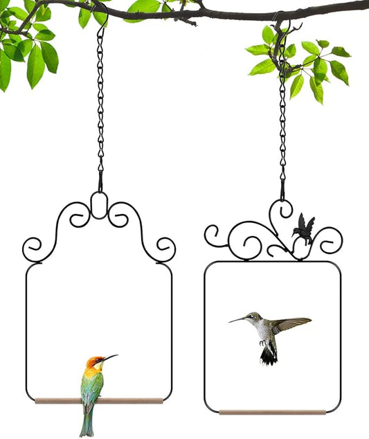 PACETAP Hummingbird Swings and Perches Metal Frame 2 Pack, Wild Bird Swing Outdoor Bird Perch with Wooden Dowel and 2 Hanging Chain for Hanging Indoor, Outdoor, Trunk, Lawn, Patio, Garden (Black)