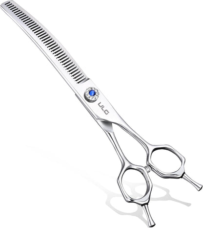 ULG Dog Grooming Scissors 40-Tooth 7.5” Curved Thinning Scissors Seamless 15%-20% Thinning Rate 440C Japanese Stainless Steel Tension Adjustable Left & Right Handed Pet Grooming Shears