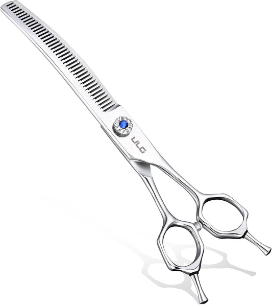 ULG Dog Grooming Scissors 40-Tooth 7.5” Curved Thinning Scissors Seamless 15%-20% Thinning Rate 440C Japanese Stainless Steel Tension Adjustable Left & Right Handed Pet Grooming Shears
