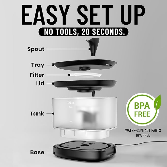 Veken Cat Water Fountain with Detachable Tank, Easy to Clean & Assemble, 84oz/2.5L Automatic Pet Drinking Dispenser with Quiet Operation & LED Light for Cats, Dogs and Small Pets, Black