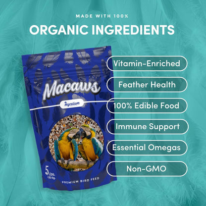 Mycelium Premium Macaw Food | High Protein & Fiber | Safe & Clean Pet Bird Food | Nut Seed Blend with Vitamins, Corn, Buckwheat, Sunflower, Peanuts & Whole Hemp Seed | Organic, Non-GMO 5 lb Bag