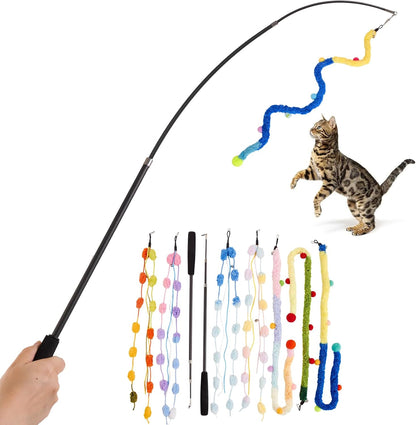 Cat Wand Toy, 9Pcs Retractable Plush Srtip Cat Teaser Wand Toys with Bell & String, Long Interactive Wand Toys for Indoor Kitten, Exercise