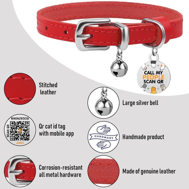 BRONZEDOG Leather Cat Collar with Removable Bells Non Breakaway Kitten QR Tag for Girl Boy (9" - 12" Cats/Mini Dogs, Red & Silver)