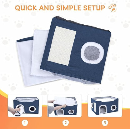 Cat House for Indoor Cats – Foldable Cat Cave & Covered Cat Bed, Cozy Hideaway for Small Pets and Large Cats (23.6"x16"x12.8"),Navy Blue