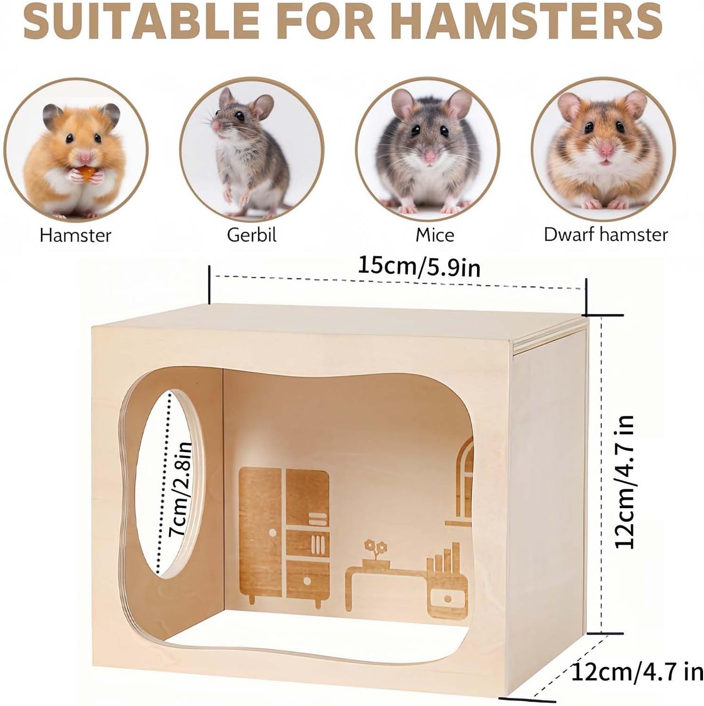 Marchul Hamster Hideout Wooden House Chamber Small Animals Pets Tunnel Exploring Toys for Dwarf Hamsters, Syrian Hamsters, Gerbils, Hedgehogs, Rats, Mice (Study Room)