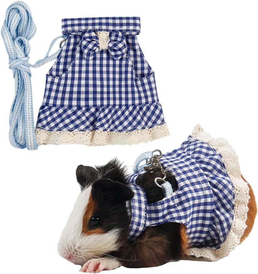 Guinea Pig Harness and Leash Plaid Hamster Harness, Adjustable Ferret Harness and Leash Set No Pulling Walking Vest for Ferret Chinchilla and Similar Small Animals (Small,Blue)