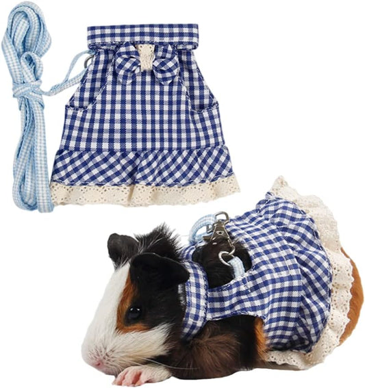 Guinea Pig Harness and Leash Plaid Hamster Harness, Adjustable Ferret Harness and Leash Set No Pulling Walking Vest for Ferret Chinchilla and Similar Small Animals (Small,Blue)