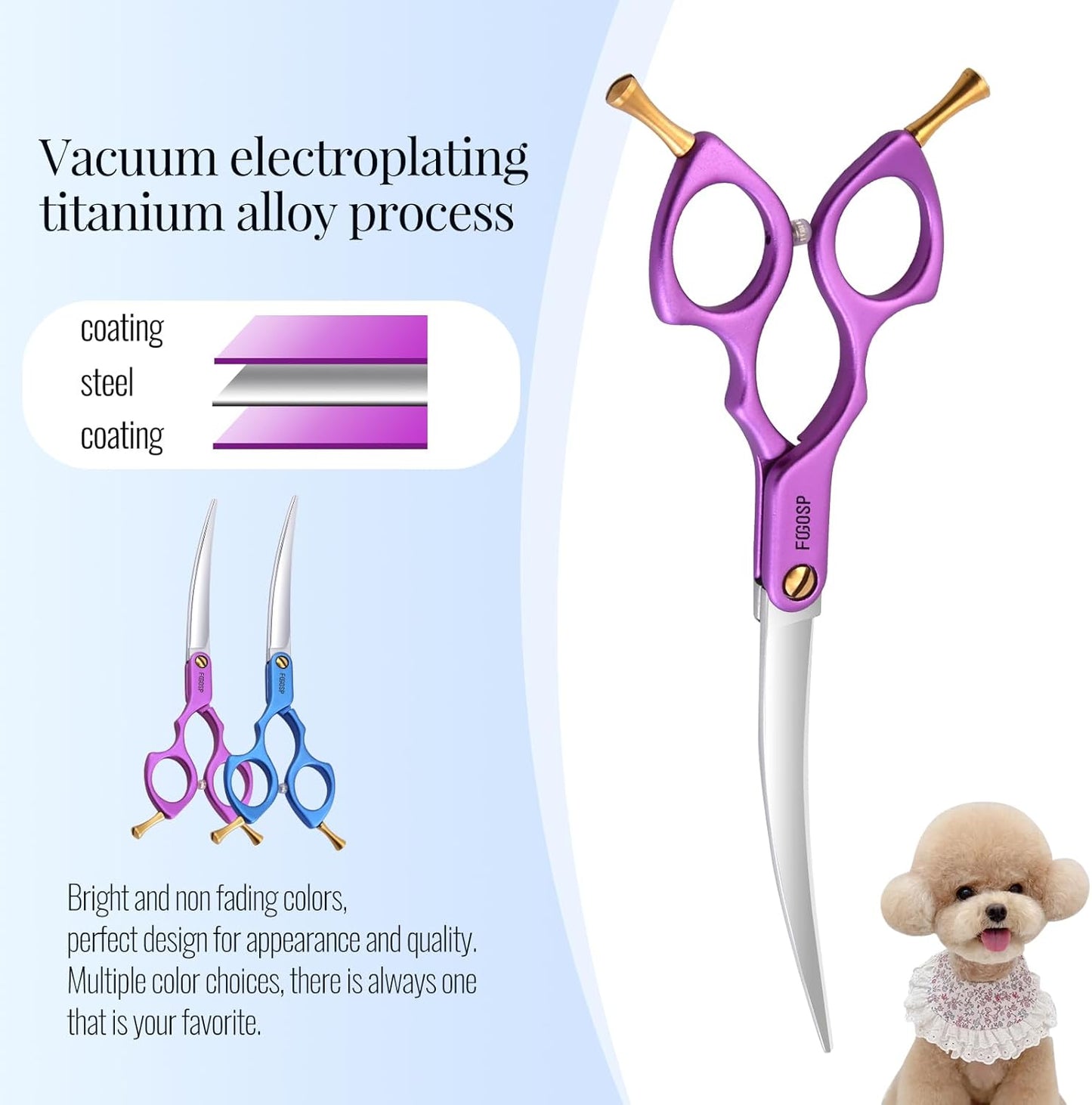 Professional Left Handed Curved Dog Grooming Scissors with Sharper Self Grinding lightweight and finely trimmed split structure 6.5'' Japan VG10 63HRC for small dogs cat pet(Purple)