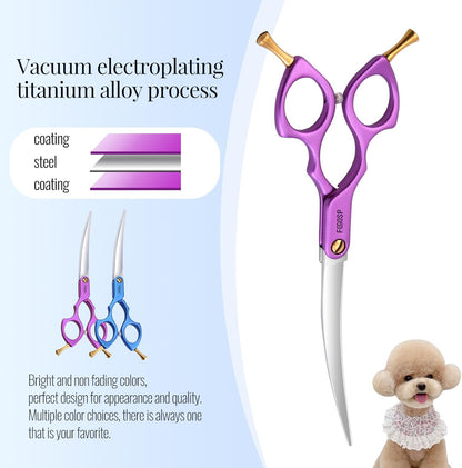 Professional Left Handed Curved Dog Grooming Scissors with Sharper Self Grinding lightweight and finely trimmed split structure 6.5'' Japan VG10 63HRC for small dogs cat pet(Purple)