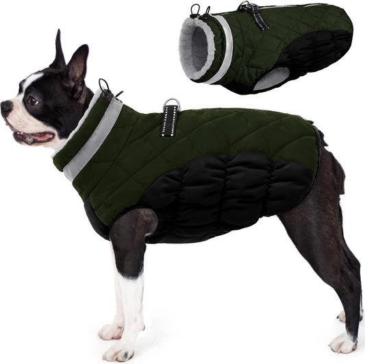 AOFITEE Dog Coat, Warm Dog Jacket, Reflective Winter Coats for Medium Dogs, Turtleneck Dogs Winter Jacket with Harness Built in, Waterproof Windproof Pet Fleece Vest Puffer Jacket, Green M