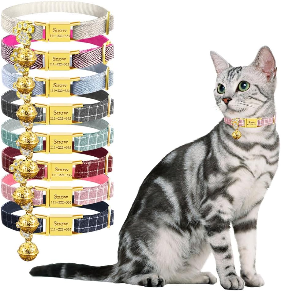 Personalized Breakaway Cat Collars - Magnetic Buckle, Bell - Safety Quick Release, Customized for Girls & Boys Cats - Herringbone