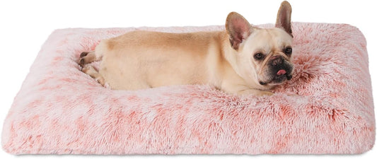 Bedfolks Plush Waterproof Dog Crate Bed with Removable Washable Cover,Faux Fur Kennel Pad for Medium Dogs,29"x21",Pink