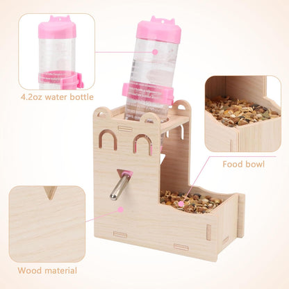 2 in 1 Hamster Hanging Water Bottle Pet Auto Dispenser with Base for Hamster Mice Gerbil Hedgehog (Smile Wooden)
