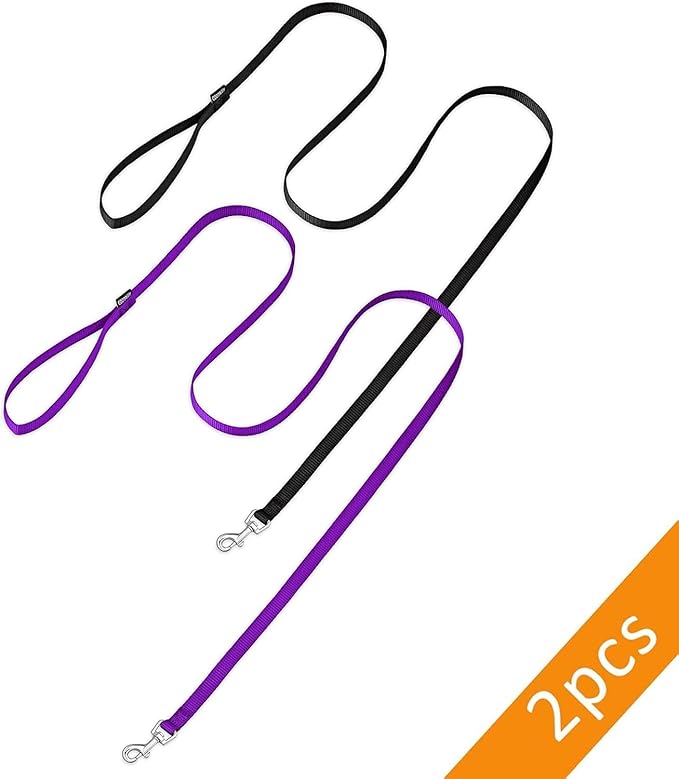 AMAGOOD 6 FT Puppy/Dog Leash, Strong and Durable Traditional Style Leash with Easy to Use Collar Hook, Great for Small, Medium and Large Dogs (3/4 in x 6 ft, Black and Purple (2-Pack))