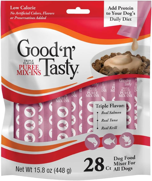 Good 'n' Tasty Triple Flavor Puree Mix-Ins Dog Food Topper Treats for All Dogs, 28 Count, Easy Single-Serve Portions, Added Protein with Salmon, Tuna and Krill, No Chicken or Beef Added