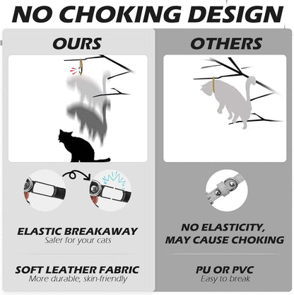 EXPAWLORER Leather Cat Collar for Girl Boy- Adjustable Pet Collar with Safety Elastic Belt,Personalized Punk Accessories Buckle Collars with Bell & Durable D-Ring,Pure Rivets(Black)