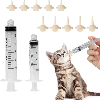 Pet Feeding Syringe with Nipple, Silicone Feeding Tools for Kitten Puppy Feeding Syringe for Newborn Cat Dog Small Animals Rabbits (5ml+10ml +10 nipples)