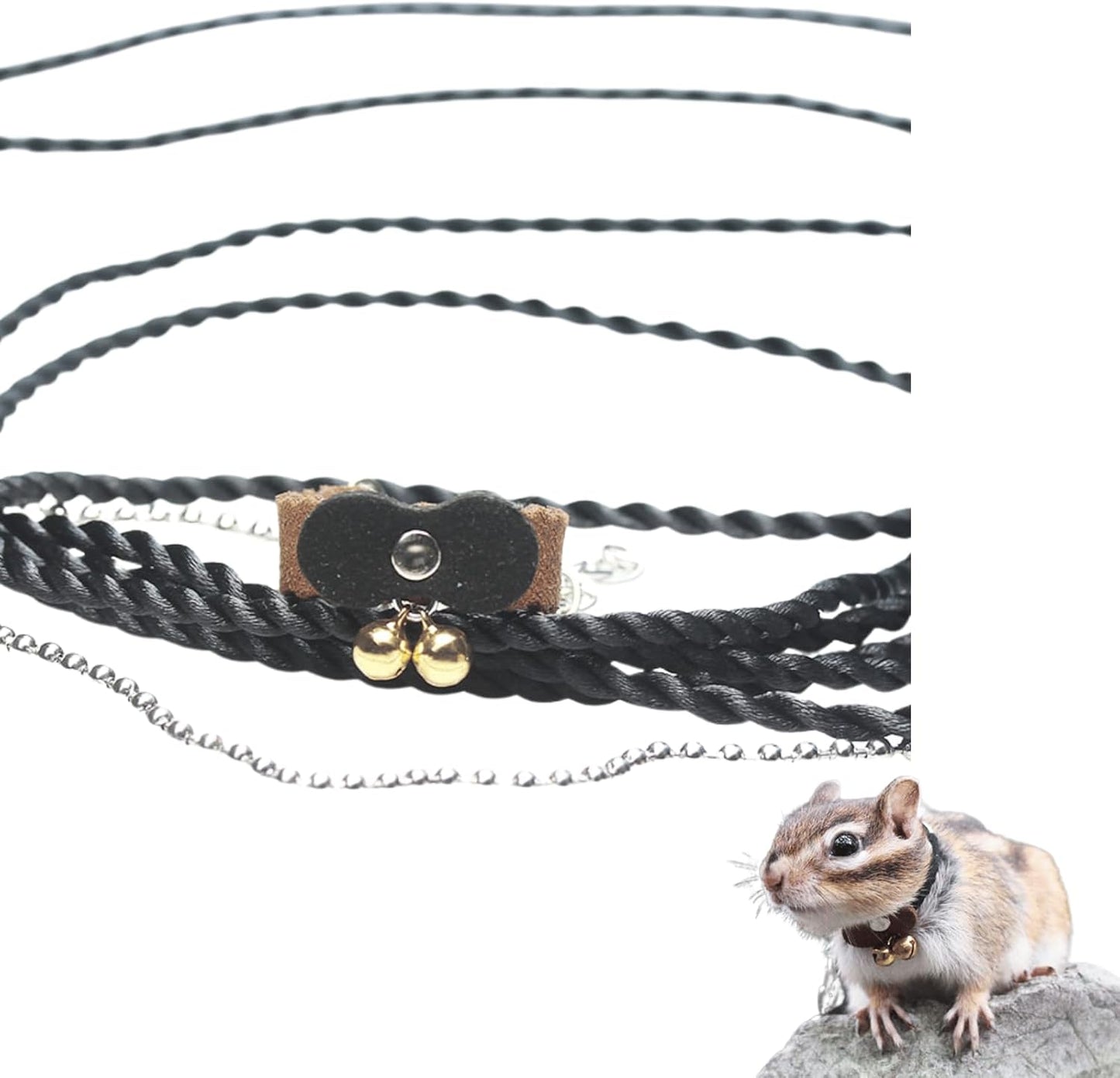 Squirrel Chipmunk Traction Rope Strap Anti-Biting Chain Rope, Small Animal Walking Collar Harness with Lead Leash for Hamster Gerbil Rat Mouse Ferret Chinchilla (Black with Coffee)
