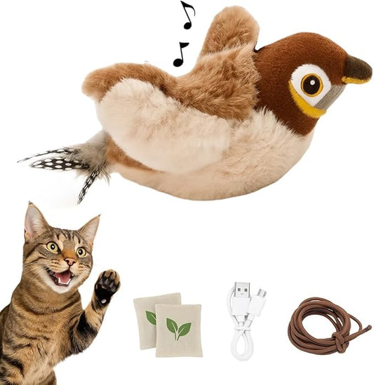 Toys Rechargeable Flapping Bird Sparrow (Not Flying), Lifelike Chirp Tweet, Touch Activated Kitten Toy Interactive Cat Exercise Toys for All Breeds Cat Kicker Catnip Toys (White Sparrow)